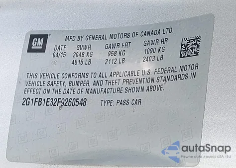 2015 Chevrolet Camaro 2Ls z USA, uszkodzony, nr VIN 2G1FB1E32F9260548